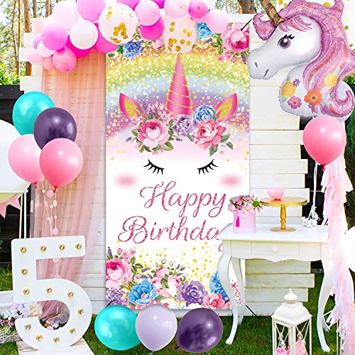 Gya 3X6Ft Unicorn Happy Birthday Door Cover Banner Glitter Rainbow Flower Door Banner Girl 1St 6Th 8Th Birthday Party Baby Shower Indoor Outdoor Porch Decor #TOP1