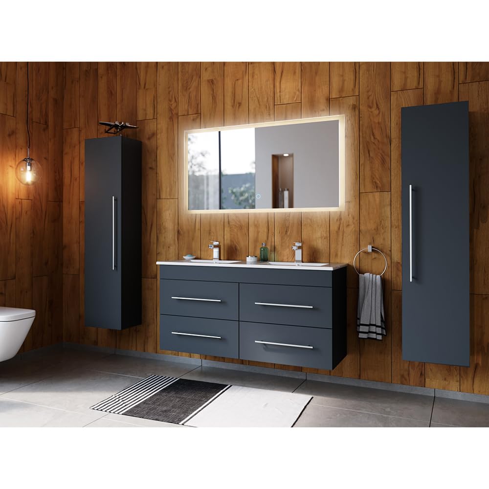 Lomadox Badezimmermöbel Badmöbel Set 4-teilig, Doppel-Waschtisch Waschplatz 120cm breit mit Doppel-Waschbecken, Schrank, Hochschrank und LED Spiegel, in grau