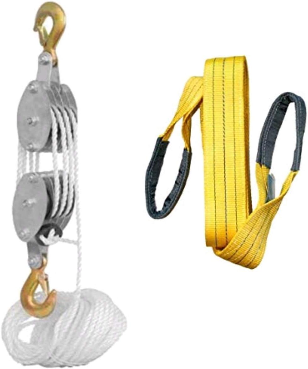 Heavy Duty Rope Hoist - 4,000 Pound, 2 Ton Capacity, Rust Proof Plus 6 Foot Strong Polypropylene Rope Plus Heavy Duty Lifting Sling - Nylon Webbing Eye To Eye Loop Ends - Lifting, Recover, Tow Straps