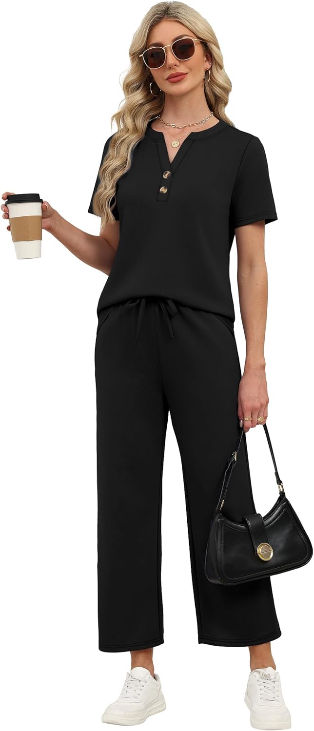 OFEEFAN 2 Piece Sets for Women Spring Fashion Beach Vacation Cruise Outfit Dressy Casual Wide Leg Crop Pants Resort Wear - Image 5