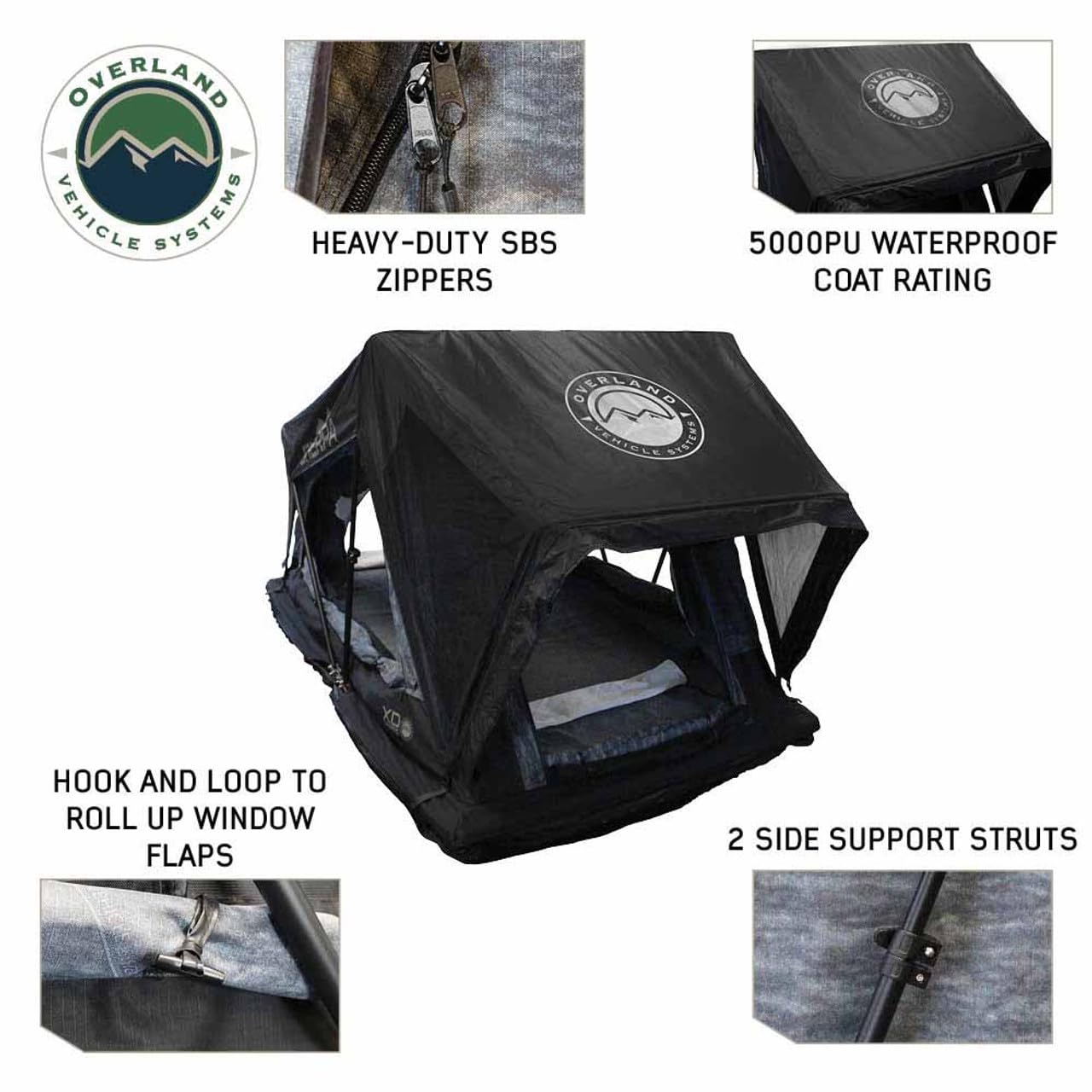 Overland Vehicle Systems XD Sherpa-Softshell-Aluminium-Hartschalen-Hybrid-Dachzelt mit Verdunkelungs-Set, grauer Körper und schwarzer Regenschutz