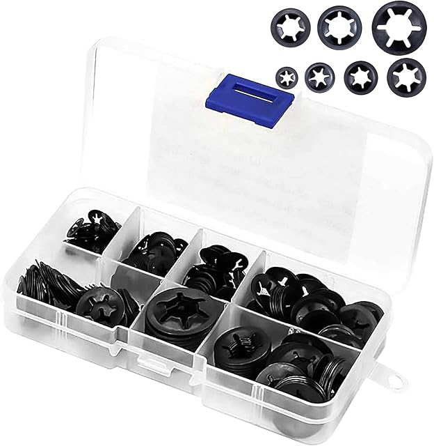 340 Pcs Starlock Washers 7 Sizes Internal Tooth Washers Quick Speed Locking Washers Metal Clips Fasteners Washers Black Fixed Lock Washers Assortment Washers Kit M3 M4 M5 M6 M8 M10 M12