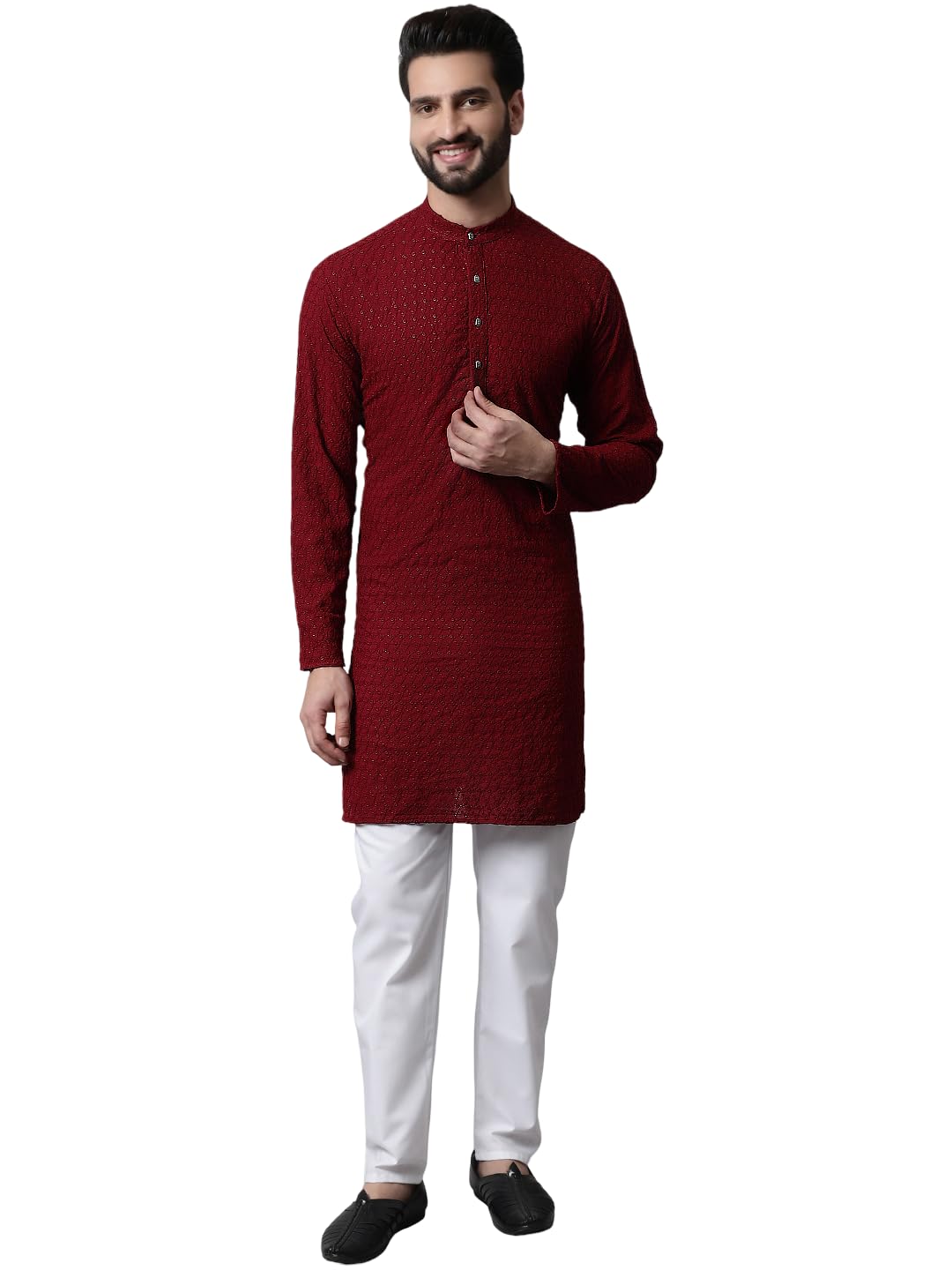 Men Maroon and White Embroidered Kurta with Churidar (Maroon, L)-image-25