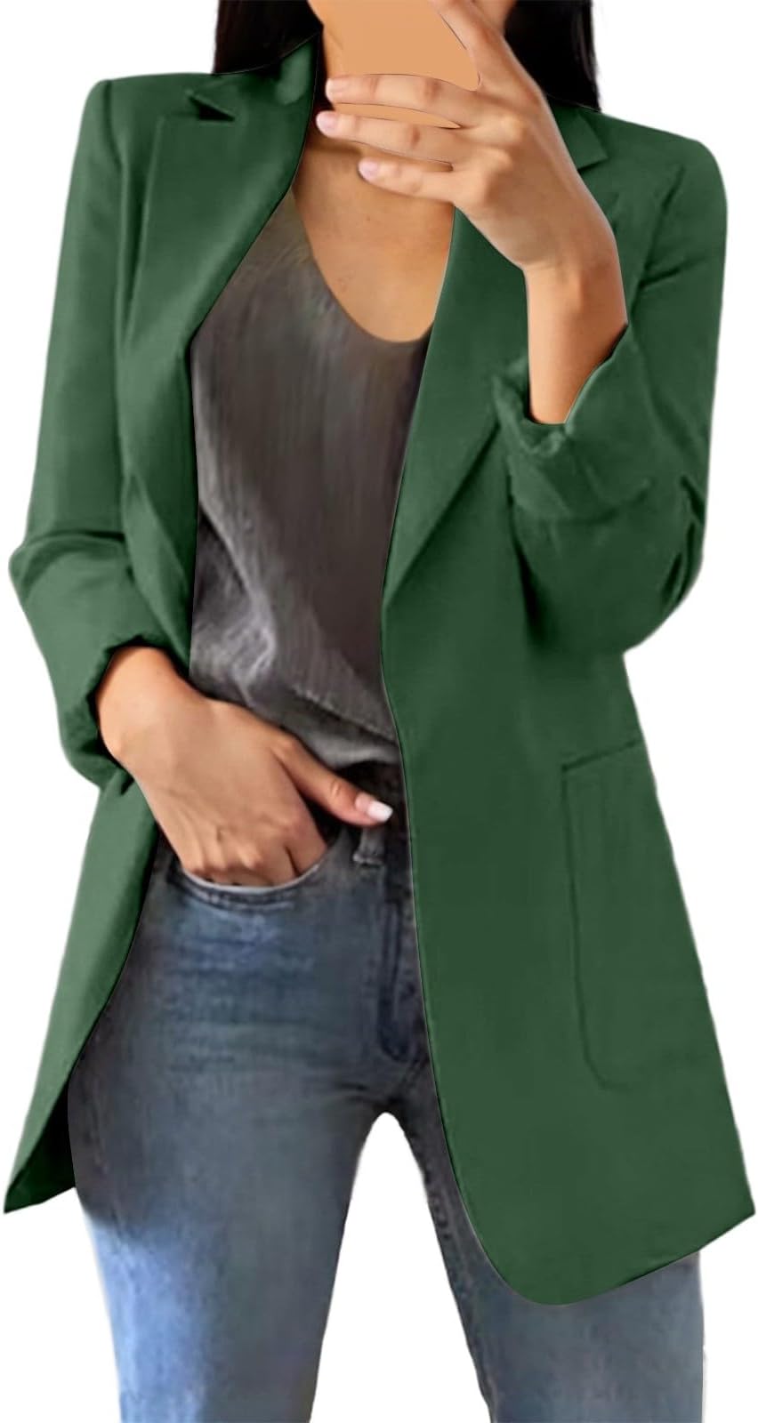 Blazer Women's Long Sleeve Plain Jacket Lapel Button Open Front Blazer Lightweight Business Turn-Down Collar Jacket Slim Fit Work Office Blazers Elegant Vintage Long Blazer with Pockets