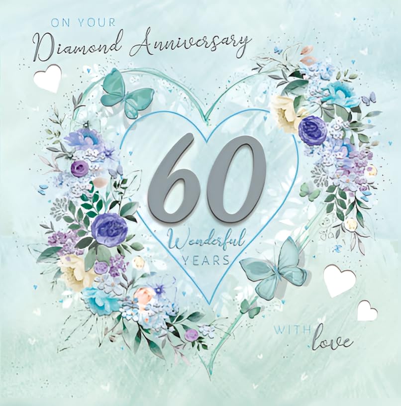 Noel Tatt Tarjeta de aniversario de boda abierta de 60 años, corona de corazón con flores y mariposas con adornos 3D y lámina plateada, ecológica y reciclable