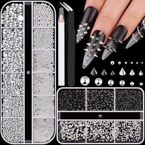 3D Mini Punk Nail Studs Cone Spike Alloy Rivets (Black+Silver) Flatback Nail Pearls and Round Steel Balls Beads(Silver) Goth Nail Charms and Gems for Nail Accessories