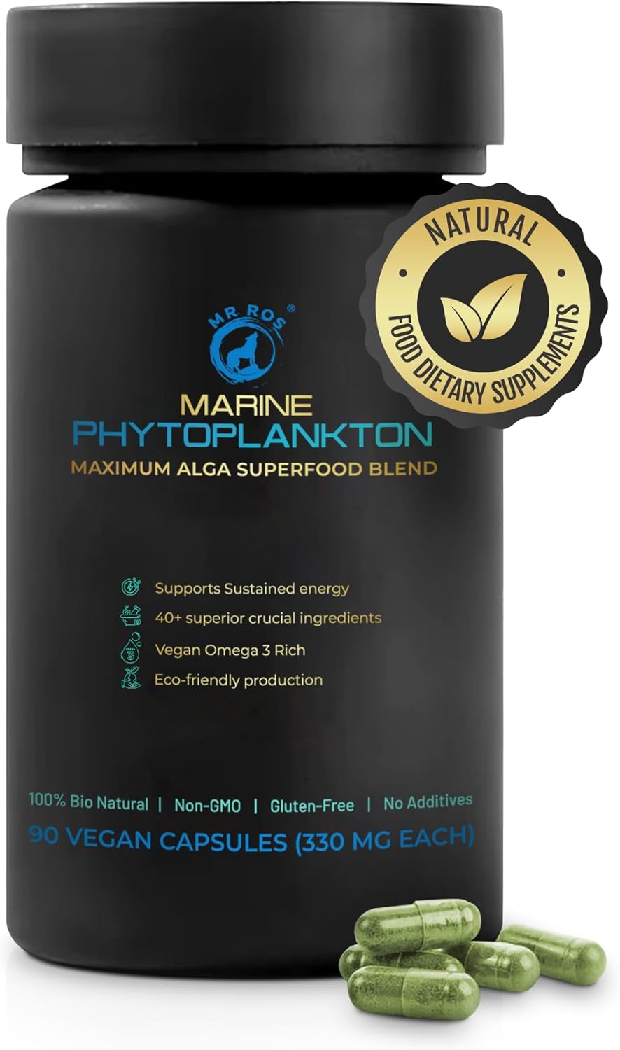 Marine Phytoplankton Capsules – 90 Vegan Capsules – Natural Energy, Immune, and Cognitive Support – Omega-3 Nannochloropsis gaditana Superfood, Non-GMO, Gluten Free
