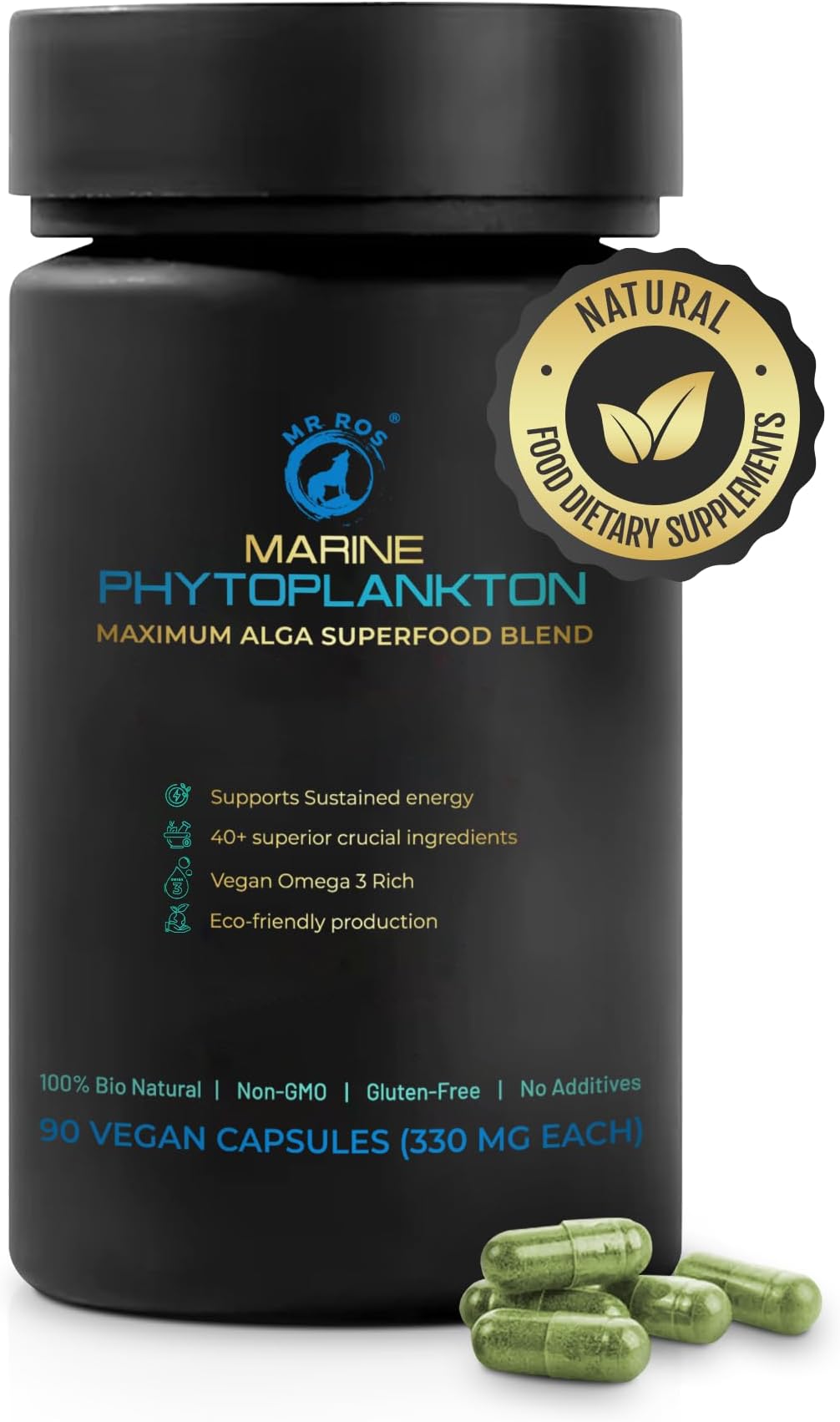 Marine Phytoplankton Capsules – 90 Vegan Capsules – Natural Energy, Immune, and Cognitive Support – Omega-3 Nannochloropsis gaditana Superfood, Non-GMO, Gluten Free