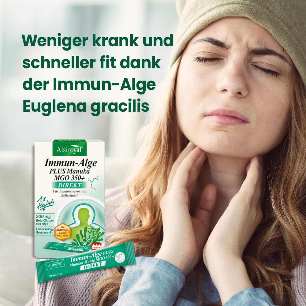 Alsiroyal Immun-Alge PLUS Manuka MGO 350+ DIREKT (40 Sticks) - Nahrungsergänzung mit Beta-Glucan aus Euglena gracilis, Vitamin C & Zink - Praktische Direkt-Sticks für unterwegs
