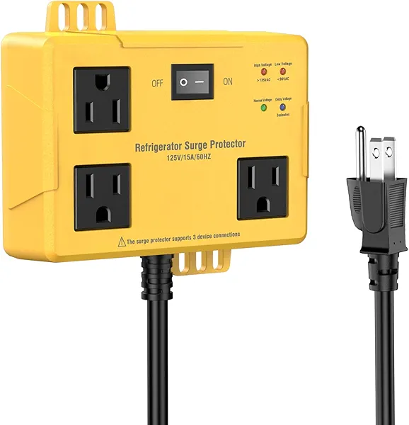 3 Outlets Refrigerator Surge Protector for Home Appliances with Time Delay, 2FT Wall Mount Protector de Voltaje Protects Against Brownout, Spike, Instant Surge All Voltage Abnormalities. ETL Listed.
