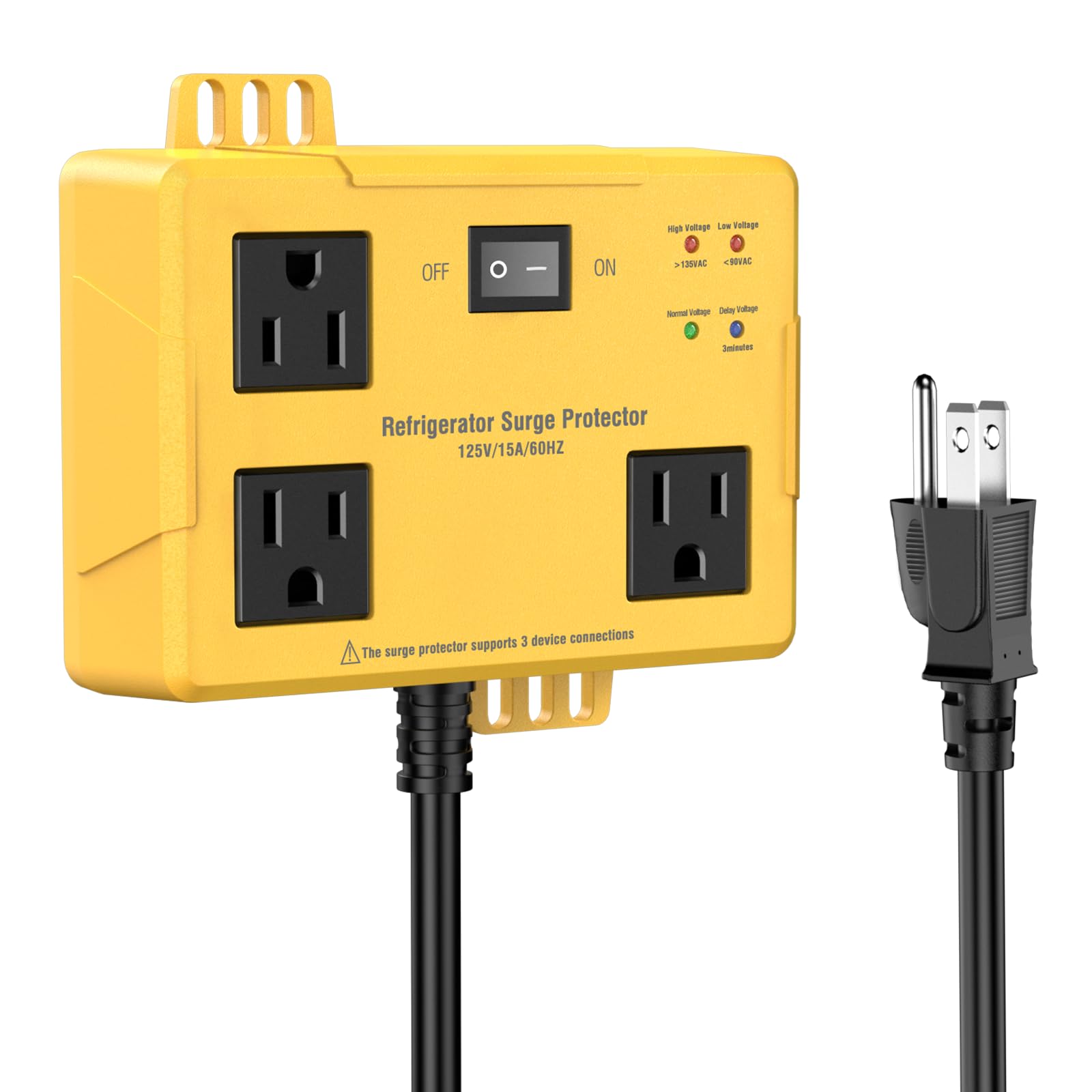 3 Outlets Refrigerator Surge Protector for Home Appliances with Time Delay, 2FT Wall Mount Voltage Protector Protects Against Brownout, Spike, Instant Surge All Voltage Abnormalities. ETL Listed.