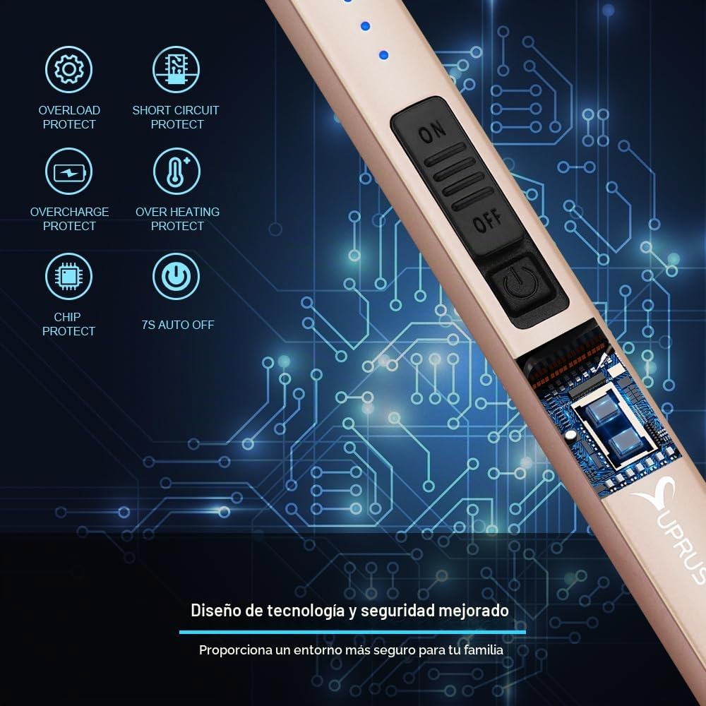 SUPRUS Mechero eléctrico con Arco eléctrico, Resistente al Viento, sin Llama, Recargable por USB, con Interruptor de Seguridad e Ideal para encender Velas y Usar en acampadas, Dorado