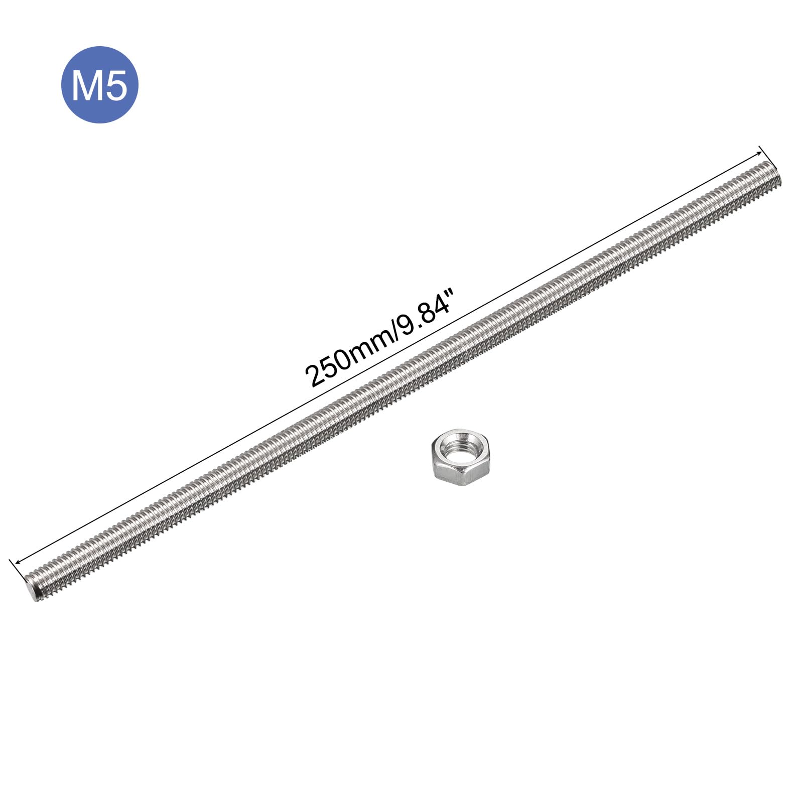 QUARKZMAN 12 Pcs M5 x 250mm Entièrement Fileté Tige avec 12 Pcs Hex Écrous, 0,8 mm Filetage Pas 304 Inox Acier Droite Main Fileté Tiges Barre Goujons