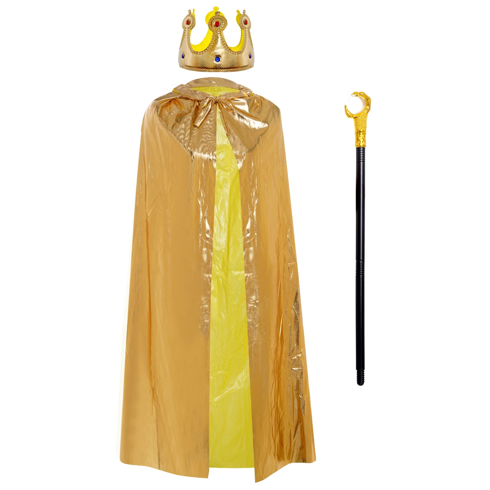 jerbro 3 King's Coat Queen Coat Costume + Crown King Queen + King Sceptre for Halloween Adults Theme Party Theatre Fancy Dress Cosplay Carnival Fancy Dress (Gold, 120 cm/47 inches)