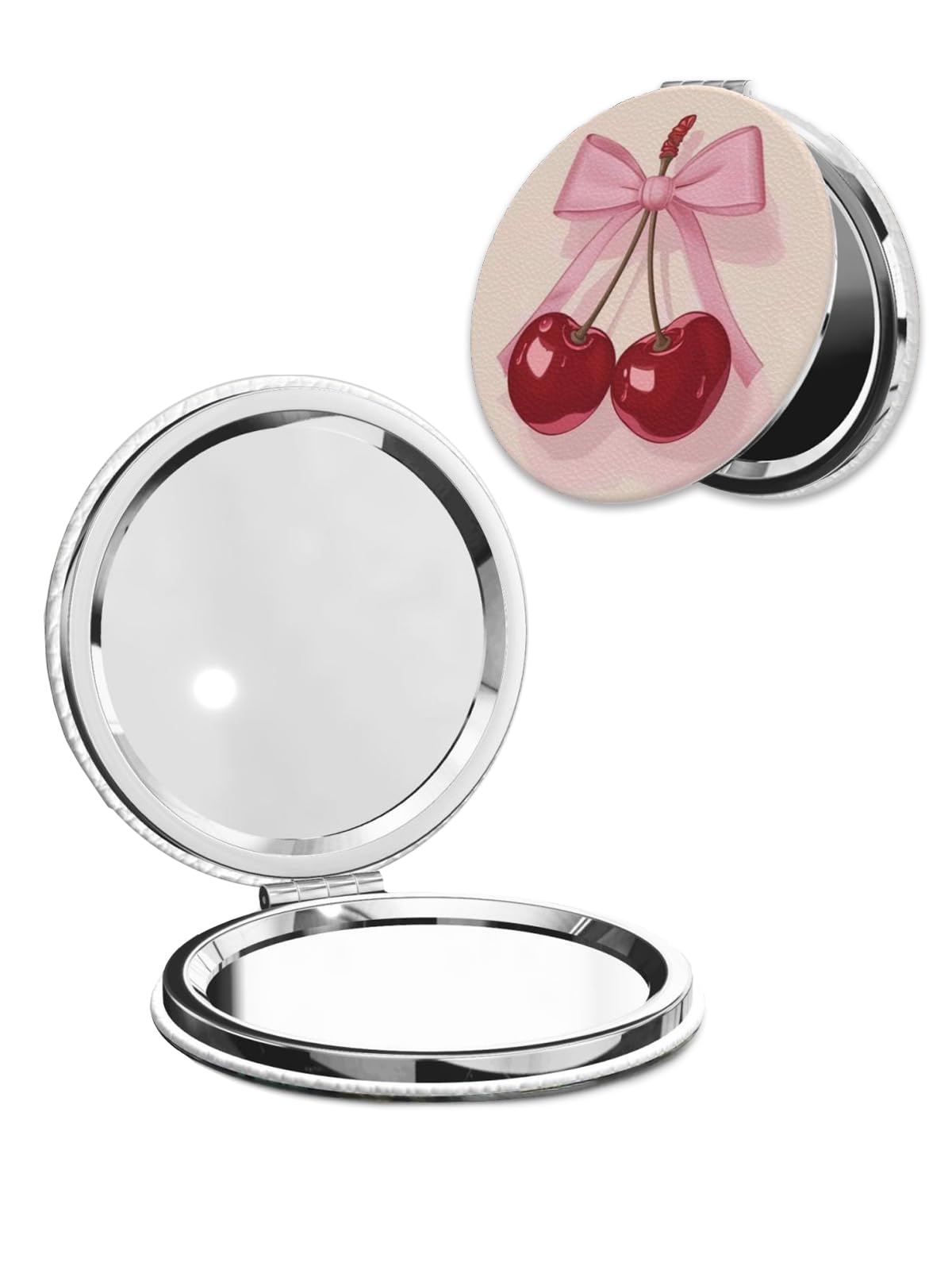 LOPIOIO Compact Pocket Mirror, 1X/2X Magnifying Round Mirror for Girls Women, Portable Pu Leather Makeup Mirror for Handbag, Purse, Travel - Cherry Bow Tie