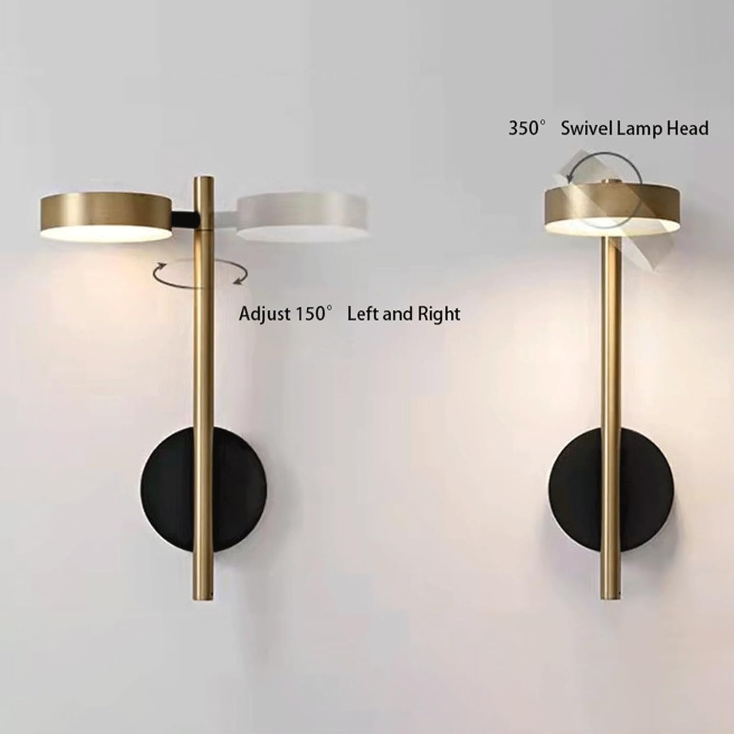 Modern Minimalist LED Wall Sconce Black Gold Aluminum Adjustable Head 350° Swivel 150° Arm Rotatable Warm Light for Bedroom Bedside Living Room Study Hotel Restaurant Hallway Decor