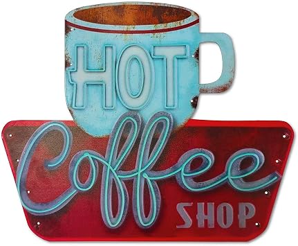 QMARK Vintage Tin Sign, Hot Coffee Shop, Embossed Metal Sign, Retro Metal Wall Decor,Wall Hanging Sign for Apartment,Home, Kitchen, Bar or Cafe Wall Decoration - 14 x 11.5 Inches