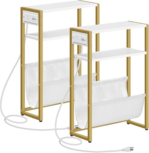 HOOBRO Mesa auxiliar con estación de carga, juego de 2 mesas auxiliares estrechas, mesa auxiliar de sofá de 3 niveles, con 2 estantes de madera y