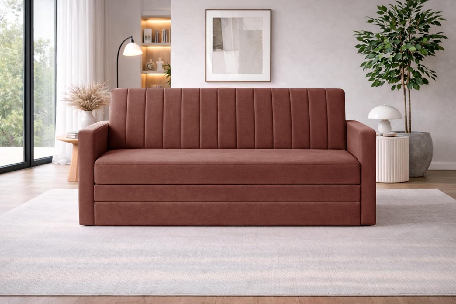 Rosebell Foldable Three-Seater Sofa-Cum-Bed | 3-in-One Convertible Couch with Armrest | Modern Fabric Sofa for Living Room, & Office-Brown-image-15
