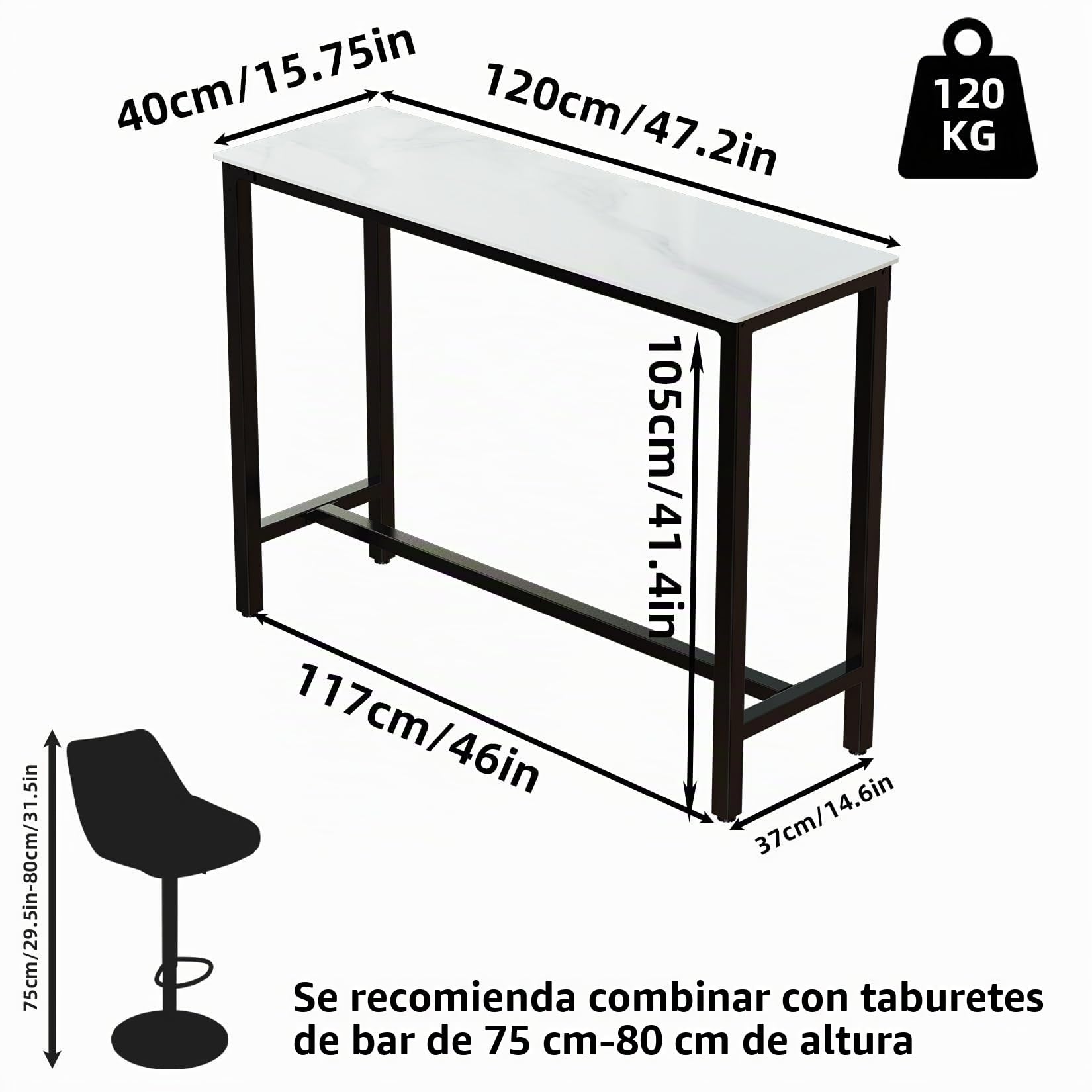 FATIVO Mesa de Bar Alta Mármol Rectangular: 120 x 40 x 105 cm Mesa Barra Comedor Barra Americana Cocina de Piedra Sinterizada para Cóctel Bistro Hogar Cafetería Tapas, Blanca Brillante (Blanco)