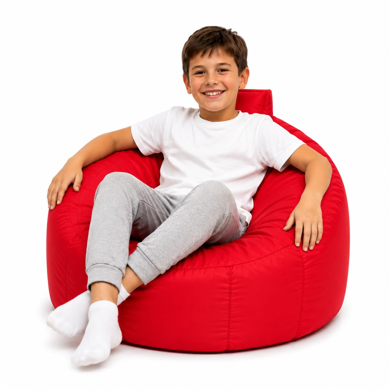 MaxiBean Children's Round Bean Bag Chair, Waterproof Indoor Outdoor Kids Gaming & Reading Seat, Ready Filled, Water Resistant Polyester, Made in UK, 55 x 55 x 60cm, (RED)