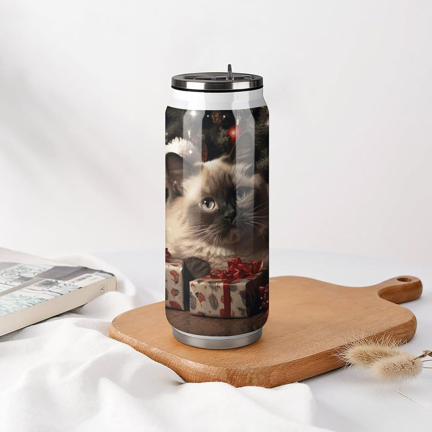 Stainless Steel Cups Christmas Siamese Cat Printed Coke Cup Stainless Steel Insulated Cups with Lid And Straw