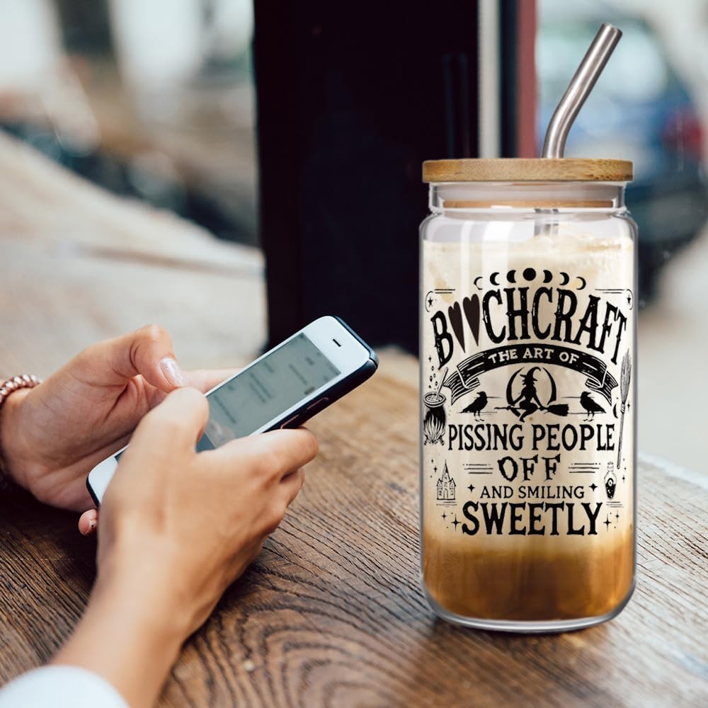 Halloween Witchy 16oz Glass Cups with Lids & Straws Gift for Witch Women, Spooky Gifts for Women,Witchy Birthday Gift, Funny Halloween Gifts, Witch Decor Aesthetic Stuff for Goth Girl