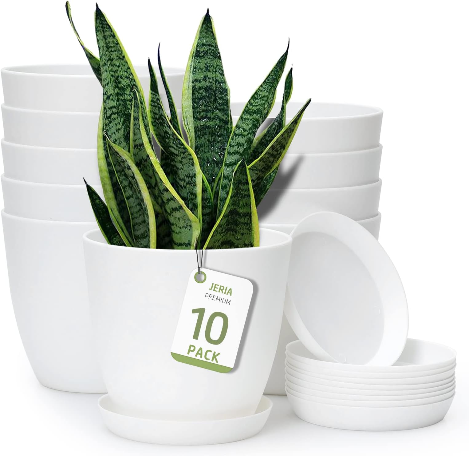 JERIA 10-Pack 5.5 Inch Flower Pot Indoor/Outdoor Modern Decorative Plastic Pots for Plants with Drainage Hole and Tray for All House Plants, Succulents, Flowers, Herbs and Cactus, White