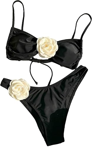 BEAUDRM Conjunto de 2 piezas de bikini de flores 3D con lazo lateral triangular, traje de baño de corte alto para mujer