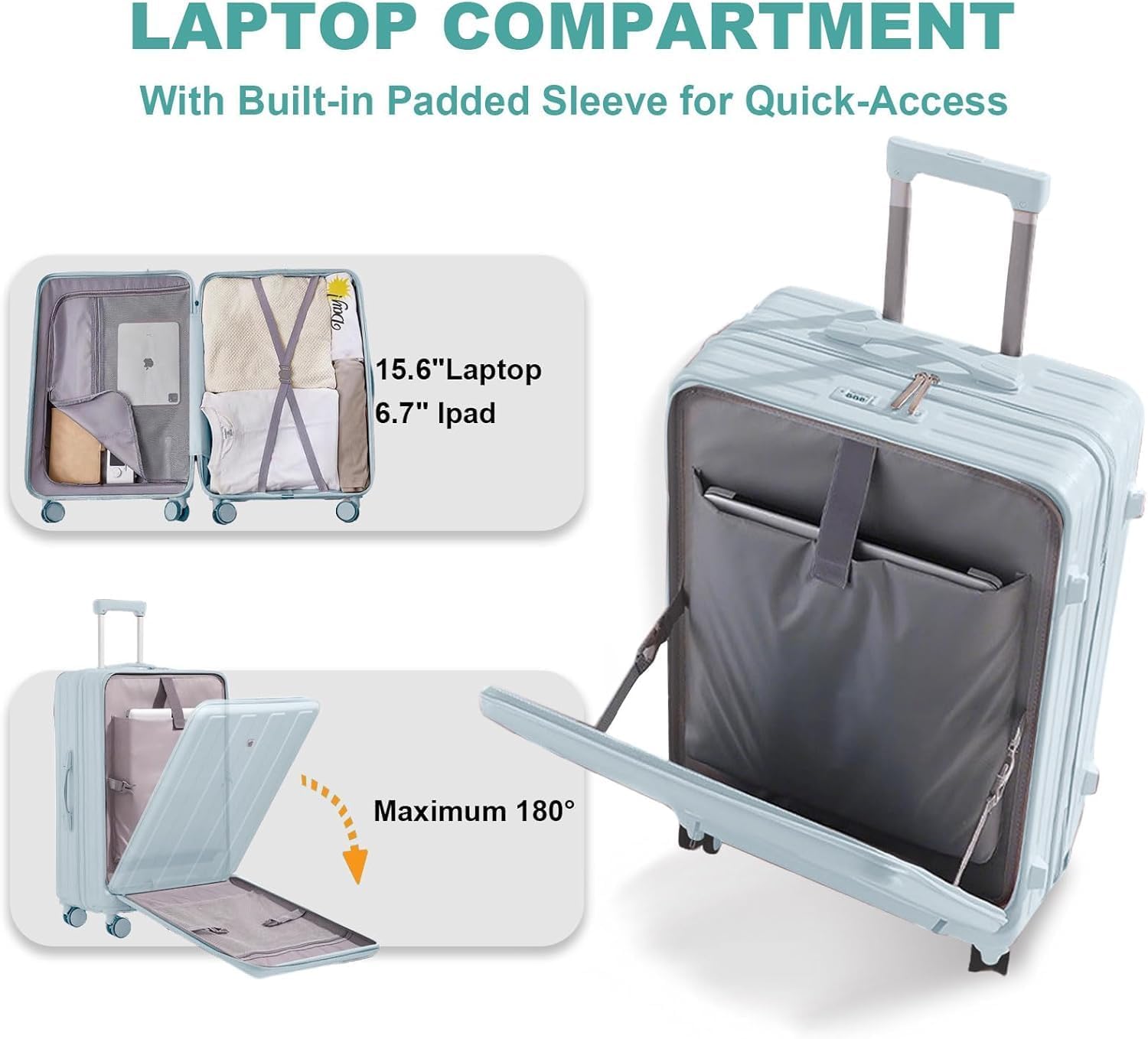 Gets Carry on Luggage Airline Approved,20 Inch Abs+Pc Hardshell Spinner Luggage With Cup Phone Holder and USB Charger,Front Pocket Durable Suitcase for Women Men-Blue