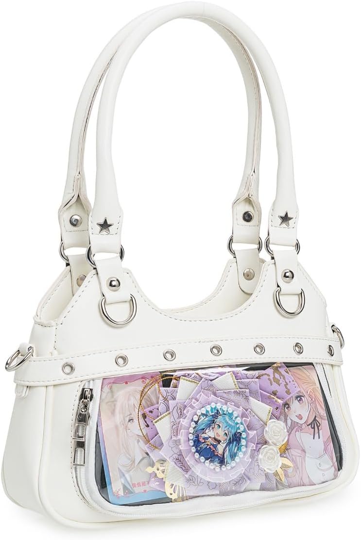 Anime Ita Bag PU Leather Shoulder Bag with Display Window, Studded Handbag with Adjustable Strap