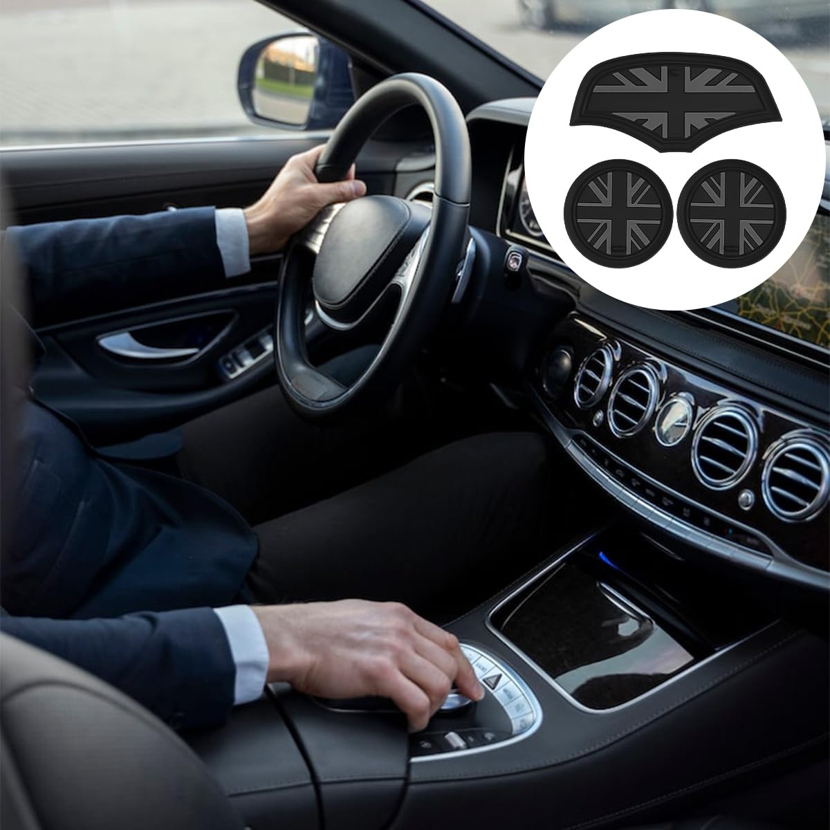 3 Stück schwarze rutschfeste Silikon-Untersetzer für Getränkehalter im Flaggendesign, Fahrzeug-Getränkehalter-Einsatz, Zubehör, rutschfest, für Mini Cooper F55/F56/F57/Mini-Serie
