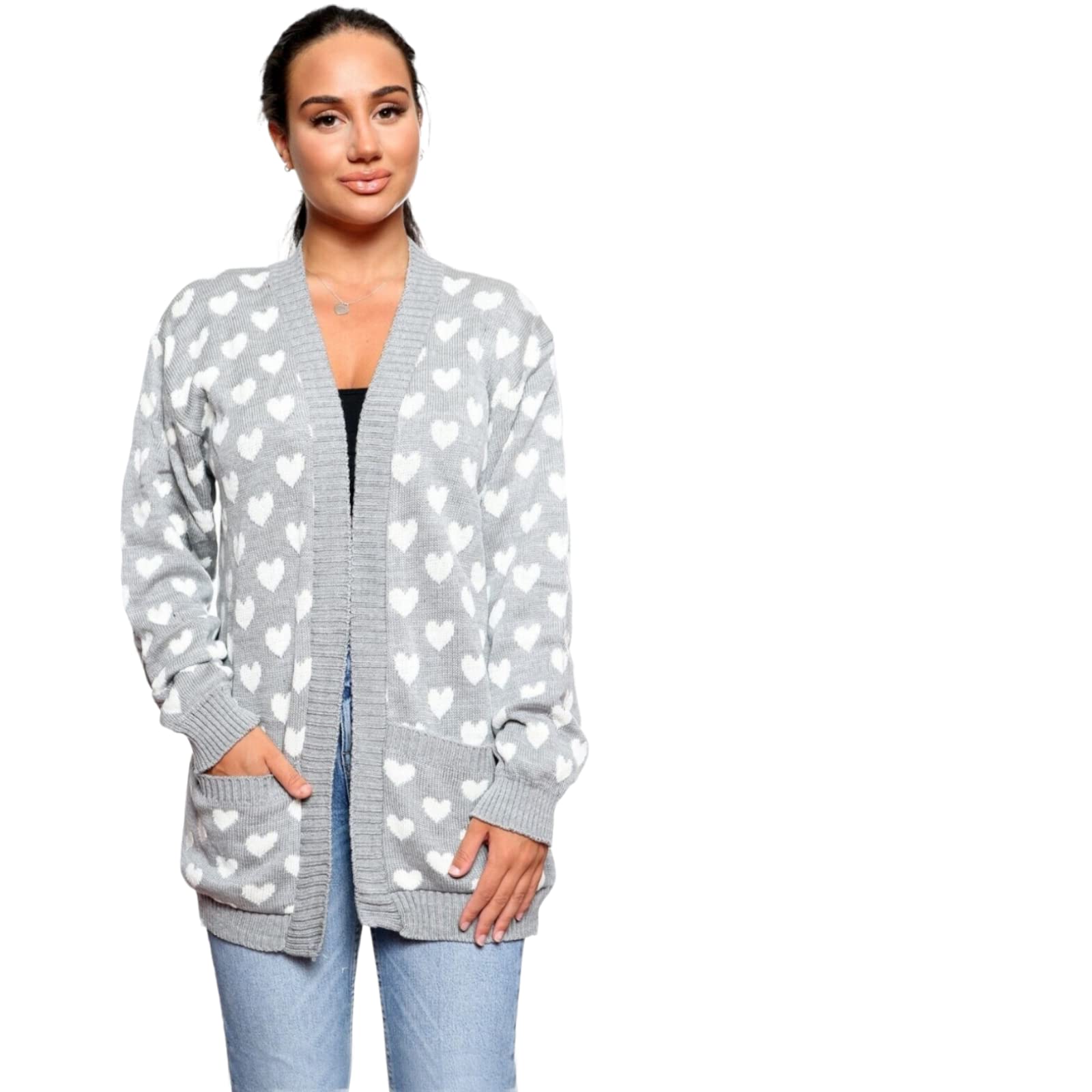 Alam Exclusive Women's Grey Heart Knitted Cardigan Pockets Long Sleeve Regular Big Sizes S To 3XL (As8, Numeric, Numeric_8, Numeric_10, Regular, Regular, )