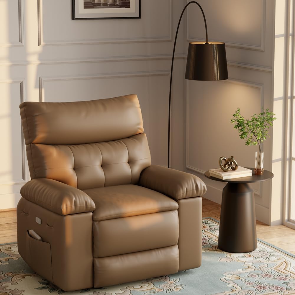 Recliner Chair for Adults,PU Leather Electric Rocker Recliner,360 Degree Swivel Lounge Chair with Side Pocket,Modern Massage Recliner Chair Sofa for Living Room,Bedroom (Light Brown)