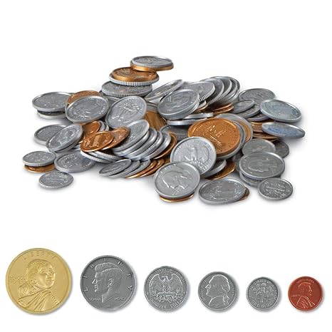 hand2mind-862 Play Money Plastic Coins with Plastic Storage Bin (Pack of 768) & 840A Assorted Plastic Realistic Coins, Set of 96