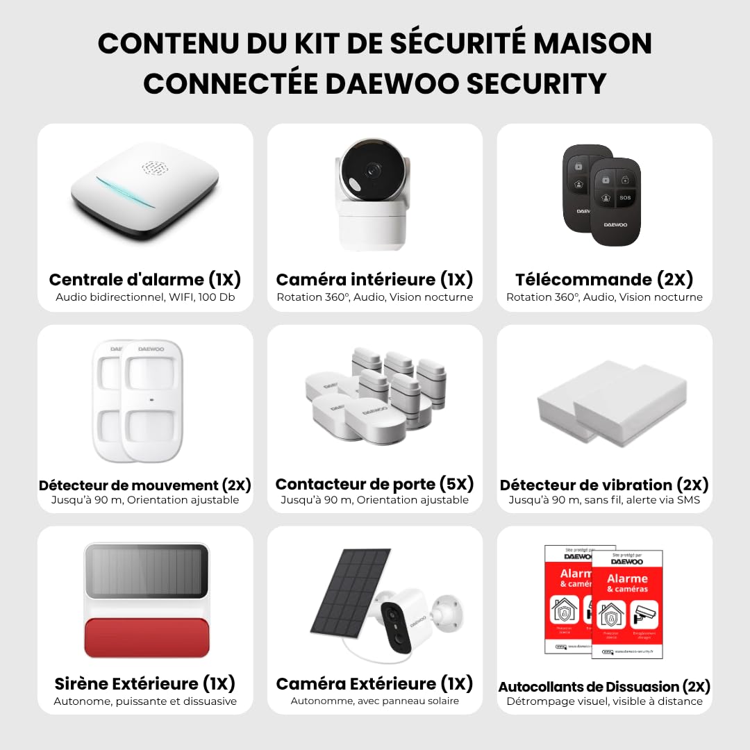Daewoo Security – Pack de Alarma para casa conectada WiFi y gsm – Sistema de Seguridad inalámbrico con cámaras Interiores y Exteriores + solares, Sirena, detectores Zigbee – sin suscripción – Alexa