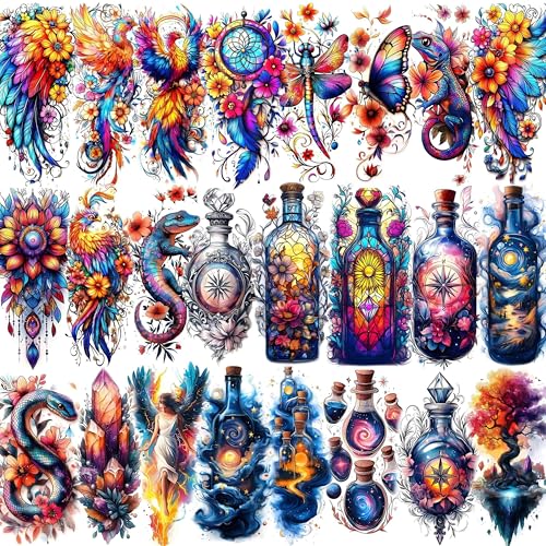 24Pcs Boho Fantasy Temporary Tattoos for Women – Watercolor Phoenix,