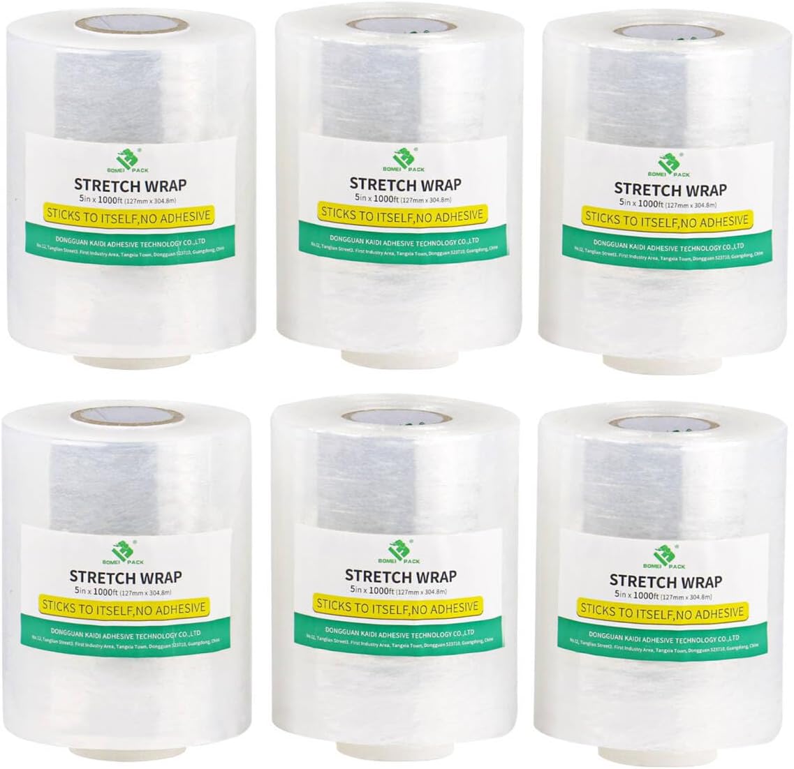 BOMEI PACK 6 Pack Industrial Replace Mini Clear Stretch Wrap 5" 1000ft 80 Gauge for Pallet Wrap, Durable Self-Adhering Plastic Wrap for Packing, Moving, Heavy Duty