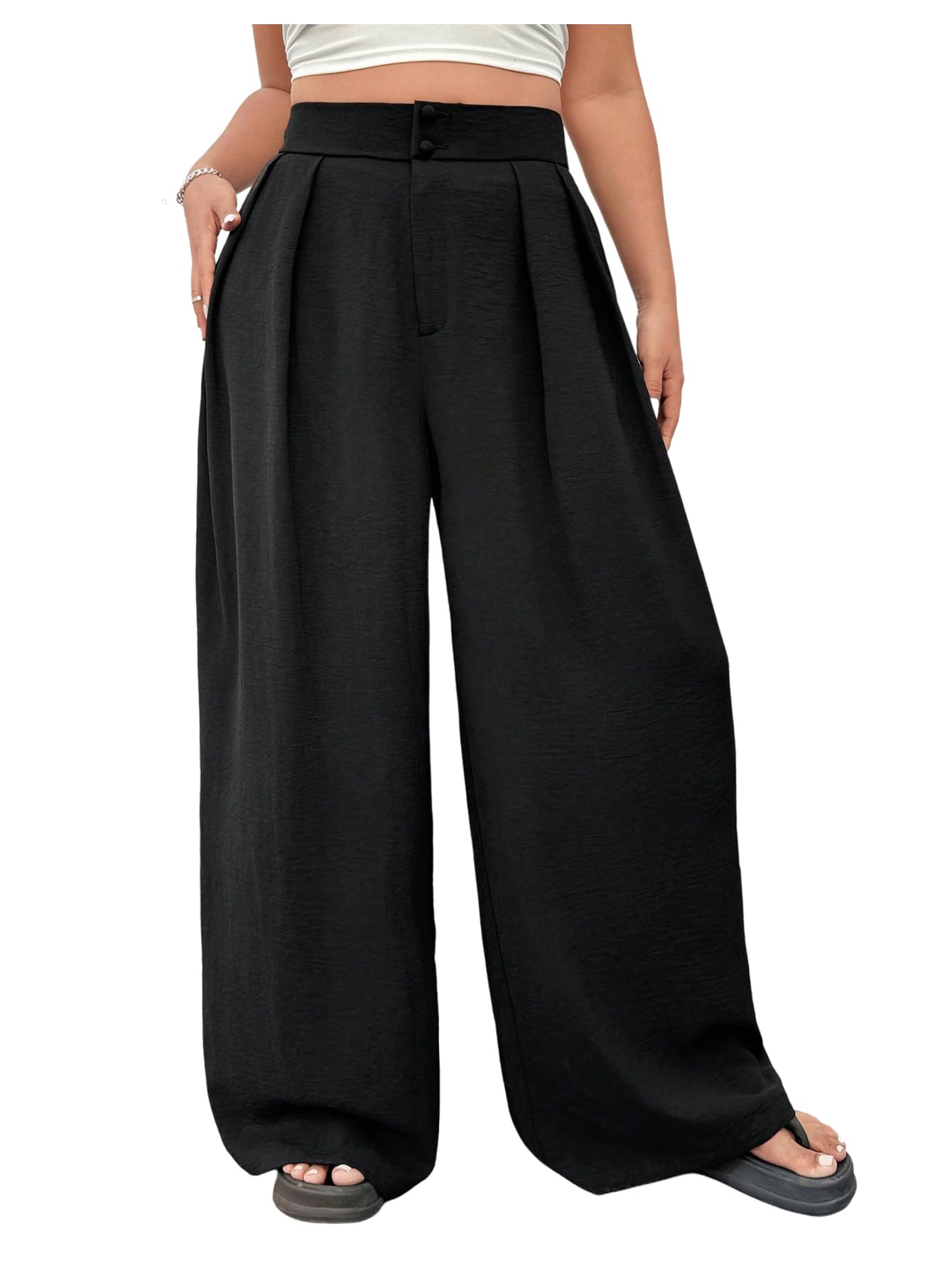 OYOANGLE Womens Plus Size High Waisted Wide Leg Pants Work Dressy Casual Pleated Trousers