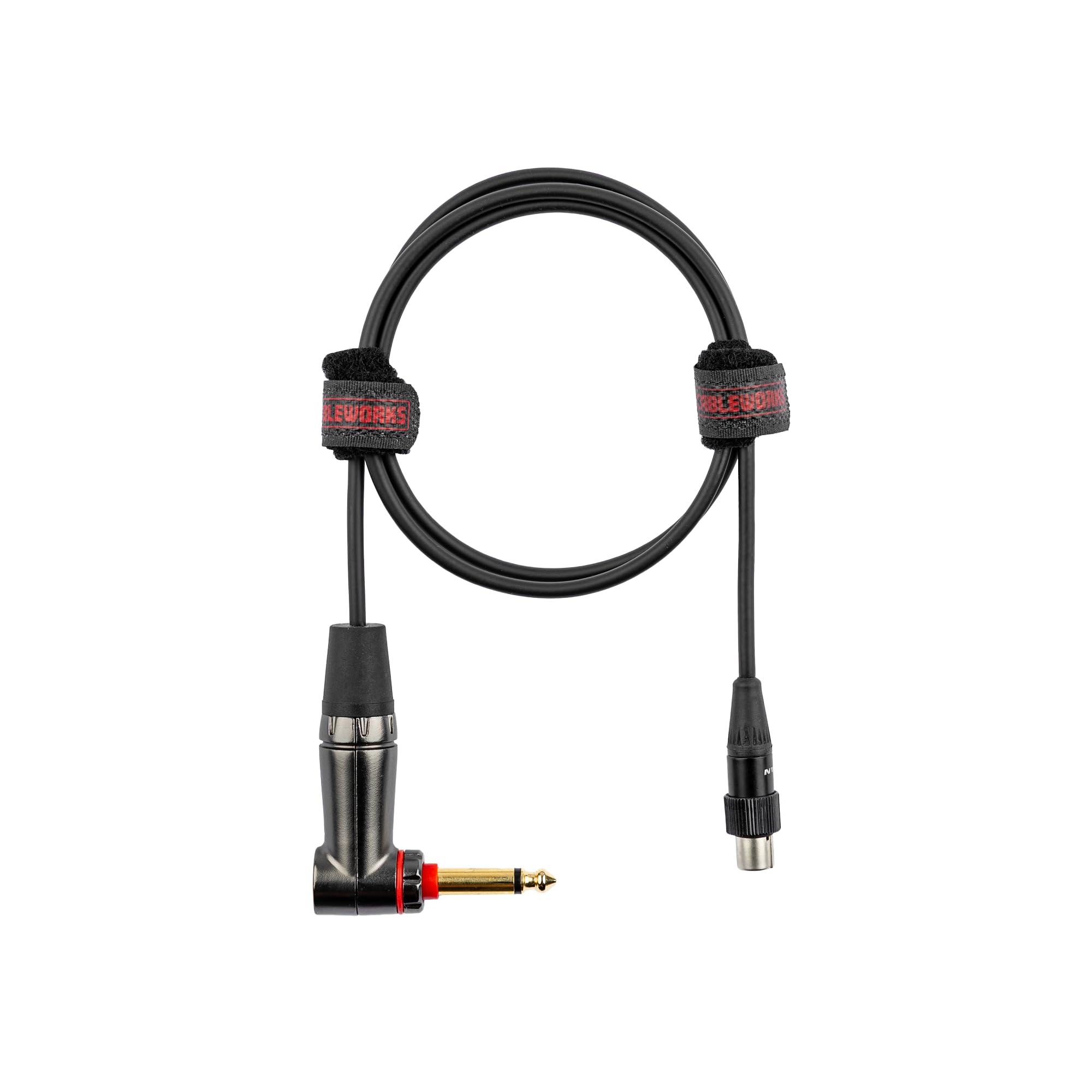 Cableworks by Gator Cases Headliner Series - Cable de instrumento de 3 pies en ángulo recto de 1/4 pulgadas con interruptor silencioso a TA4F para transmisor inalámbrico de mochila, (GCWH-TA4F-3RAQT)
