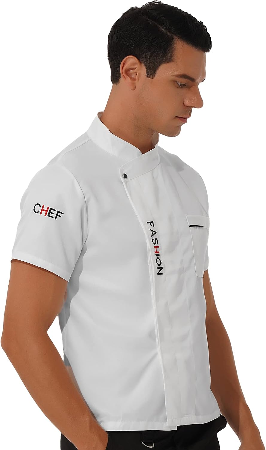Freebily Mens Chef Coat Letter Print Short Sleeve Chef Jacket Restaurant Cooking Chef Uniform