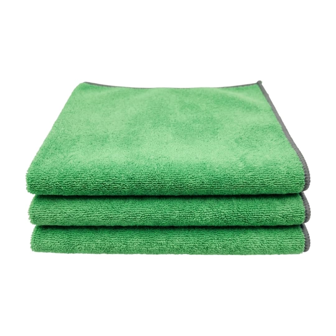 MEGAKLEEN Microfiber Premium Cloth - 3 pcs - 40x60 cms - 350 GSM GREEN - Thick Lint & Streak-Free Multipurpose Cloths - Automotive Microfibre Towels for Car Bike Cleaning Polishing Washing & Detailing-image-3