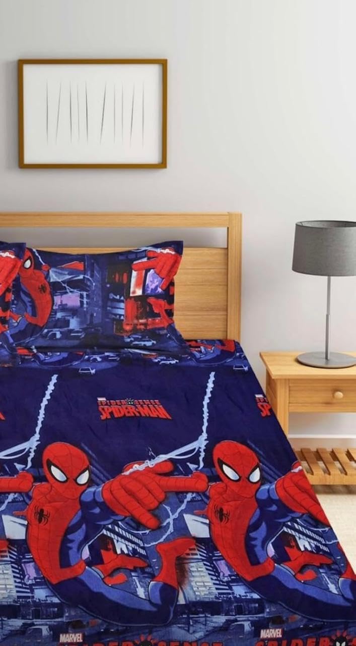 Glace Cotton Kids Single Bedsheet with 1 Pillow Covers | 210 TC Soft Brushed Microfiber - Breathable & Wrinkle Free - 2 Pcs Set. Spiderman Print-image-30