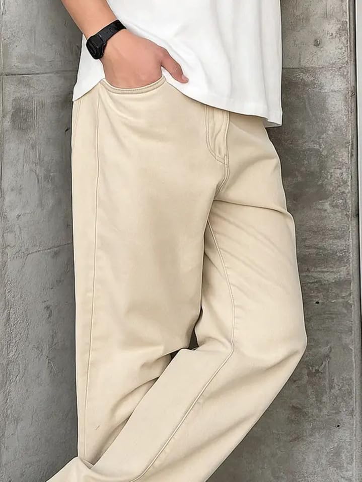 Image of Men's Beige Wide Leg Casual Jeans, Straight Fit
