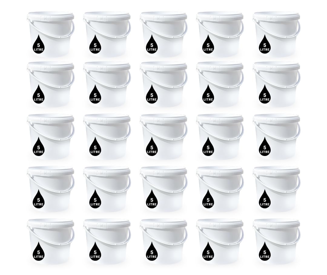 PowerChem Kunststoff-Eimer + Griff und Deckel, robust, lebensmittelecht, BPA-frei, Mehrzweck-Fermentation, Futtermittel, trockene Lebensmittel, flüssige Chemikalien, Hydrokulturen, Weiß, 25 Stück