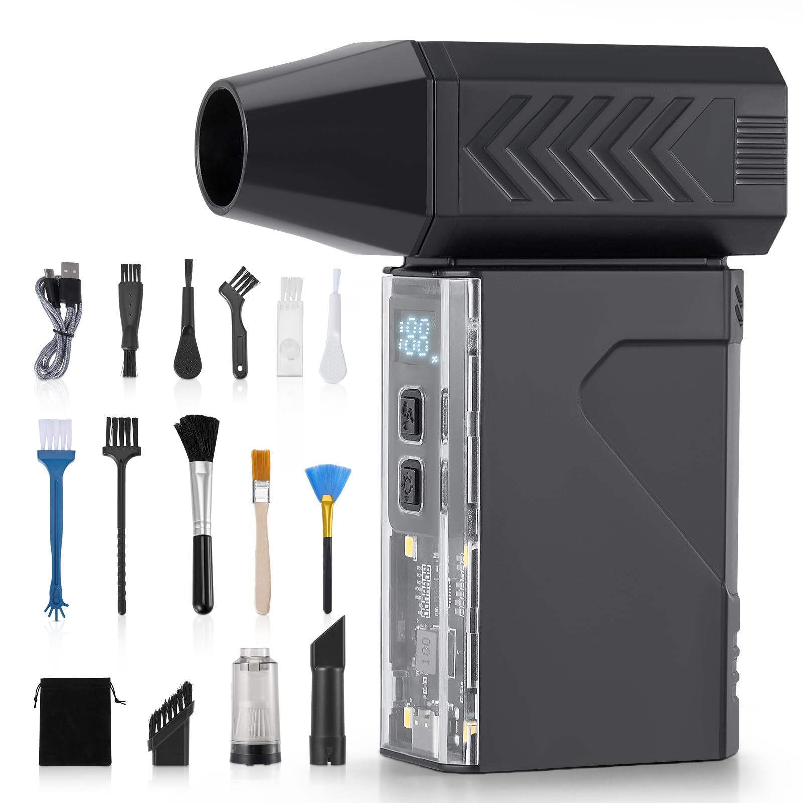 Sunowl Soffiatore Aria Compressa, 2 in 1 Aria Compressa Elettrico con 130000 RPM Super Power 1-100% Regolabile, Elettrico Air Duster con Ricarica Rapida, Luce LED per Computer, Tastiera, Auto, Divano