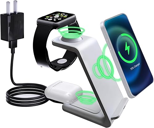 Miniatura 1 de Cargador inalámbrico, estación de carga inalámbrica 3 en 1, soporte de cargador inalámbrico rápido multiusos para iPhone 14131211ProMaxXSXRX8Plus,