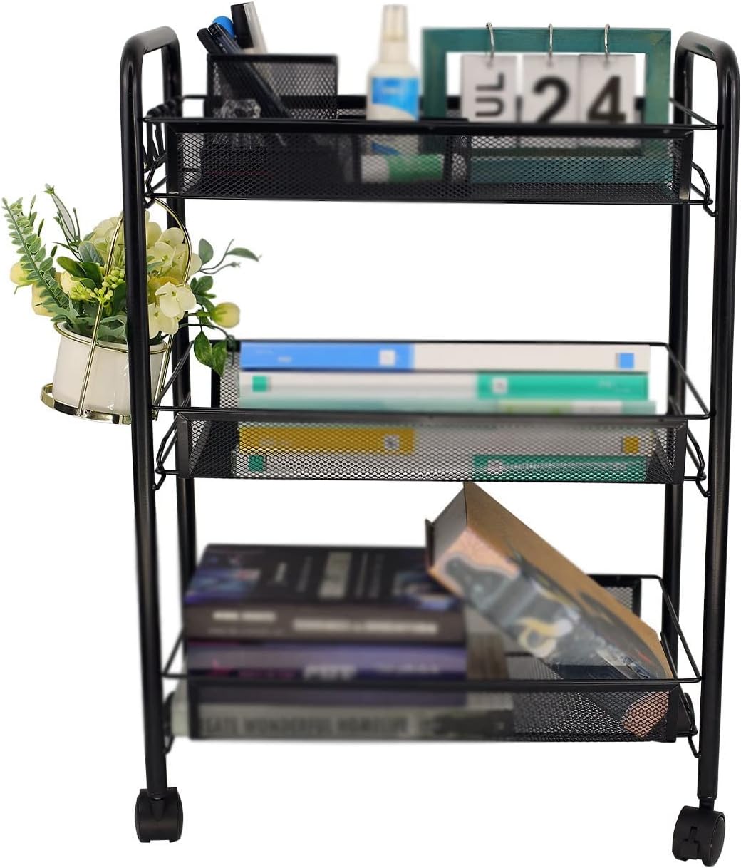 Kitchen Bathroom Bathroom Shelving Trolley with Wheel Three-Layer Storage Rack with Hook Trolley(E)