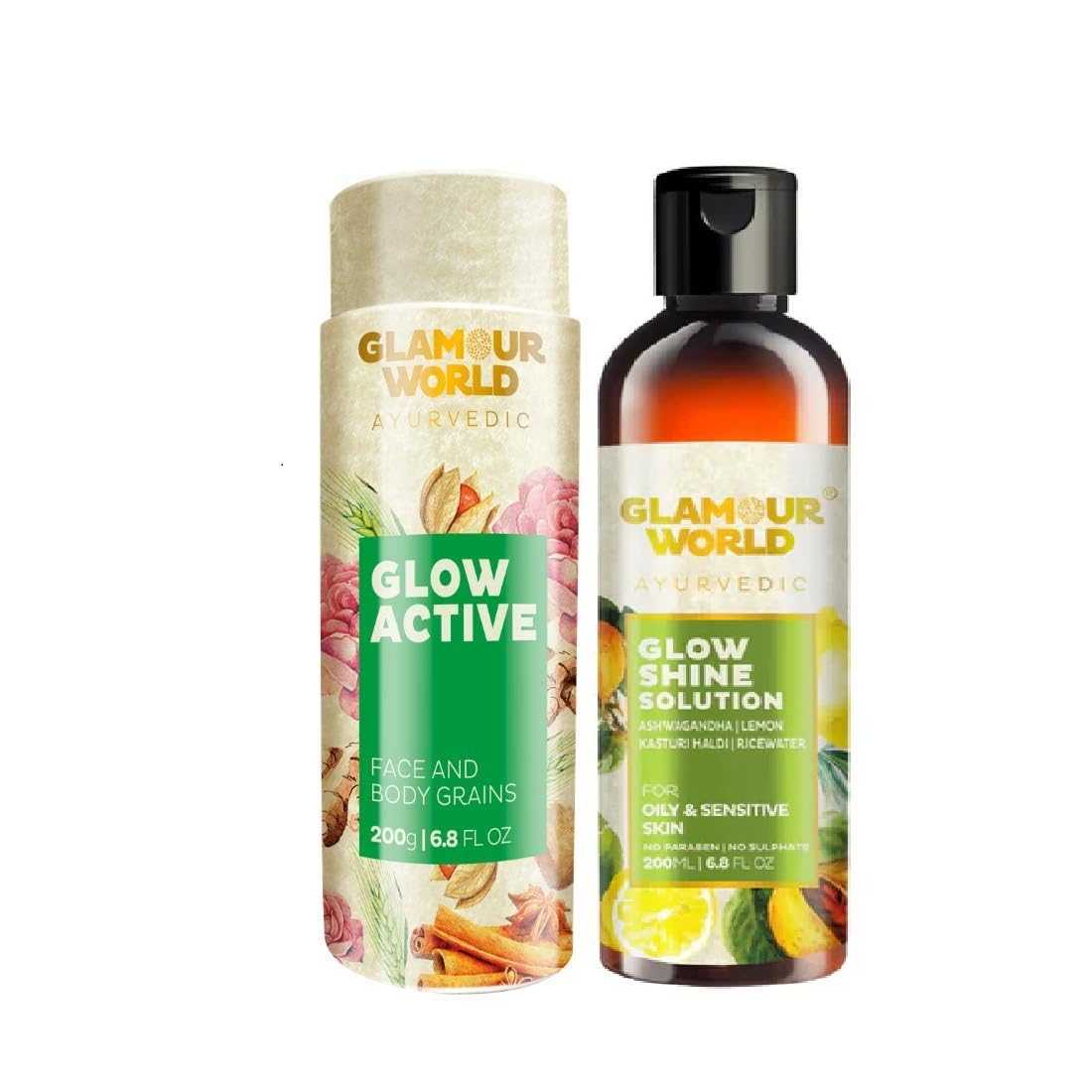 Glamour World Ayurvedic Glow Active & Glow Shine Solution - Skin Brightening for Acne- Prone Skin Type| Helps to lightens the skin blemishes. Keep the face anTurmeric | Multani Mitti | Brand body smooth and glowing. Safe to apply on pimples| Enriched with