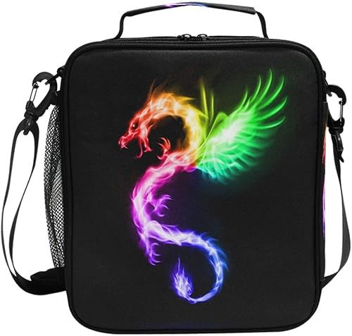 Pfrewn Lonchera con diseño de dragón de fuego arcoíris para niños, bolsa de almuerzo aislada, reutilizable, bolsa de preparación de comidas, bolsa